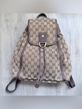Vintage Gucci GG Canvas Brown Leather Drawstring Backpack Bag Italy